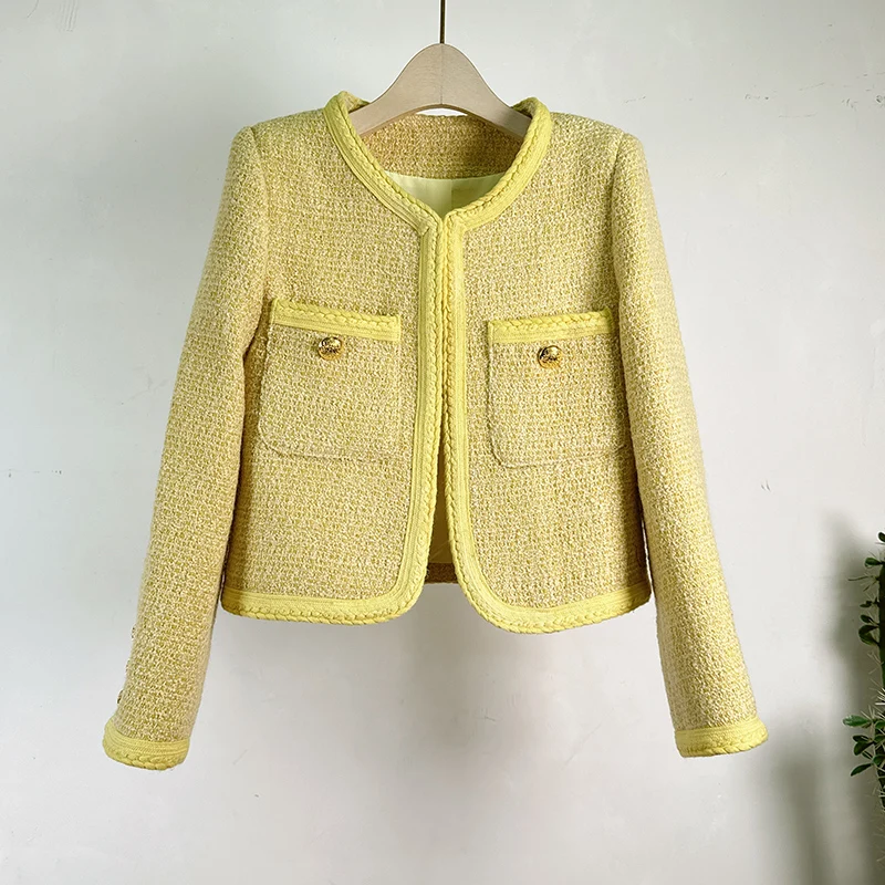 Žltý tkaný Tweed Short Blazer Dámsky kabát o krk Jeseň Zimná zima Jednoduchá kórejská elegantná denná malá vôňa Lady bunda