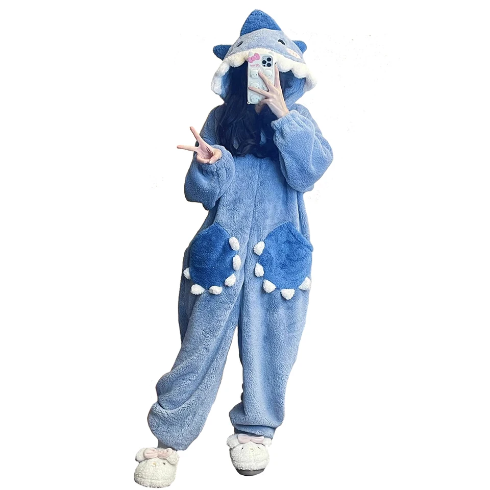 Žralok Cosplay kostým zvieracie žralok s jednostupňovým pyžamám set žien zimné flanel pyžamy s vreckami roztomilé karikatúrne kombinézy