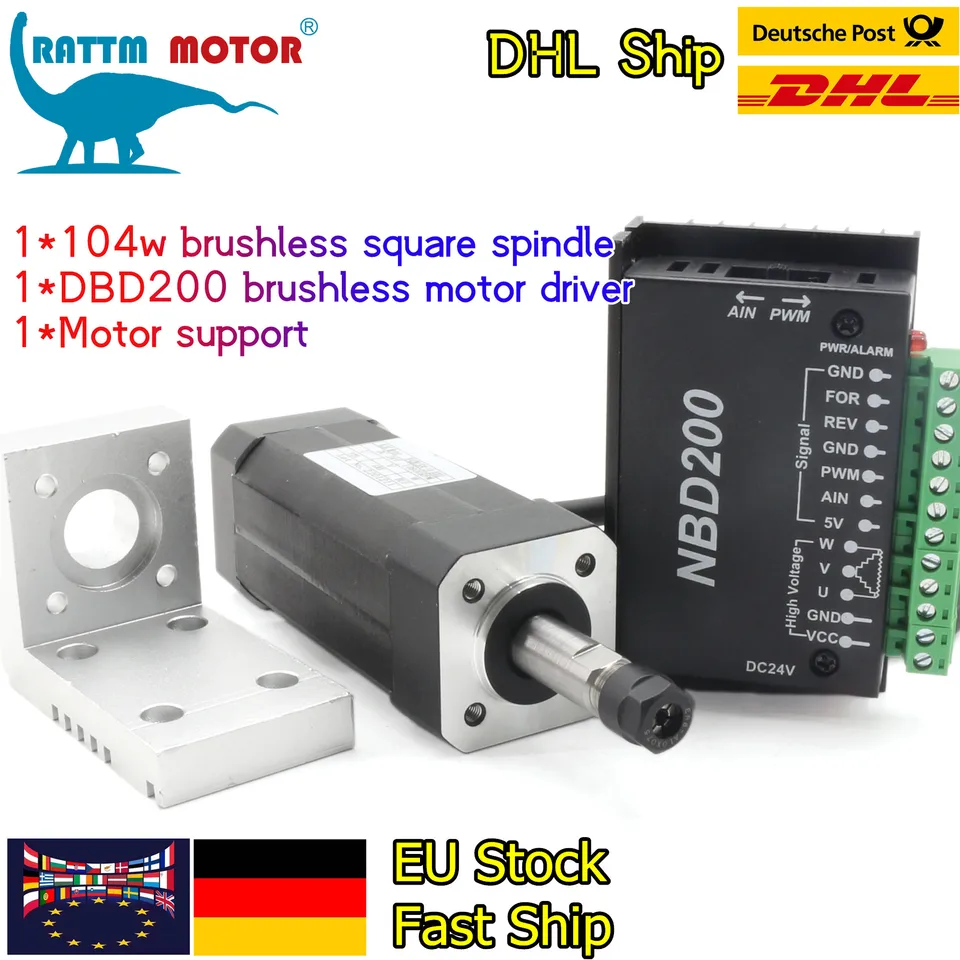 【EÚ Loď】 104W 24VDC Motor chladený motor bez kefy vretena 42 mm ER8 + NBD200 Podpora ovládača Analógová premenná rýchlosť PWM pre CNC