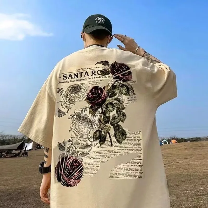 【Plus veľkosť m-8xl】 voľné montáž módne americké vintage noviny Rose tlačené tričko