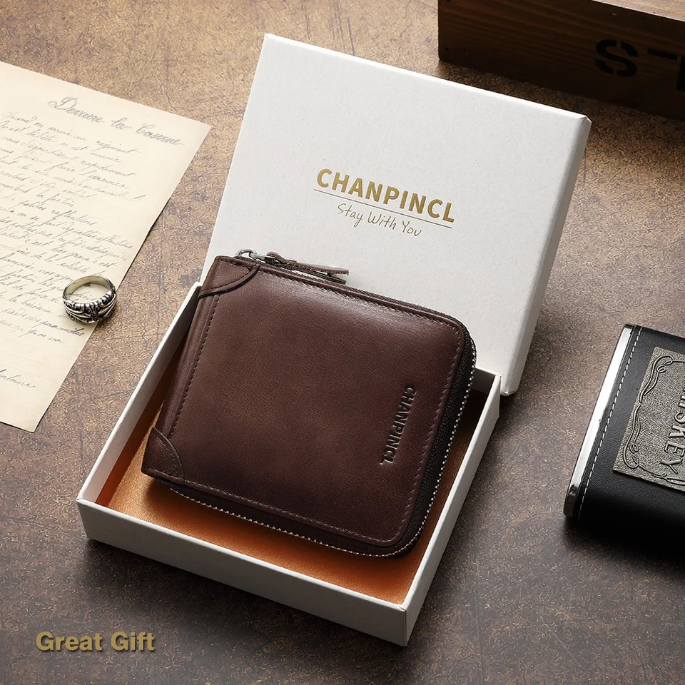 【Skutočná koža z kohútovej kože】 Chanpincl Brand Men's Prvá vrstva zips retro retro mužský priečny držiteľ karty Multifunkčná peňaženka peňaženky