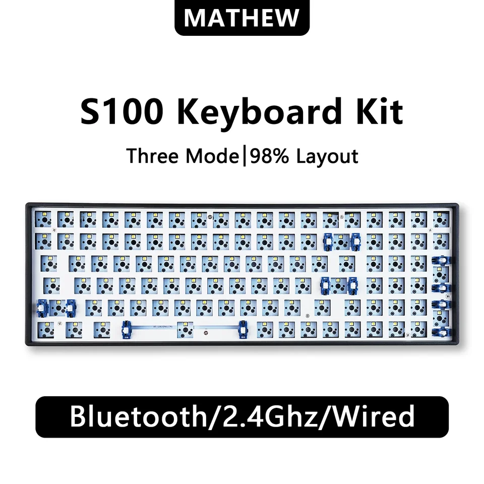 （Biele svetlo) Mathew Tech S100 Troj režim Mechanická klávesnica Barebone 100 klávesov 98% Hot Hot Swap Hering Keyboard DIY Kit